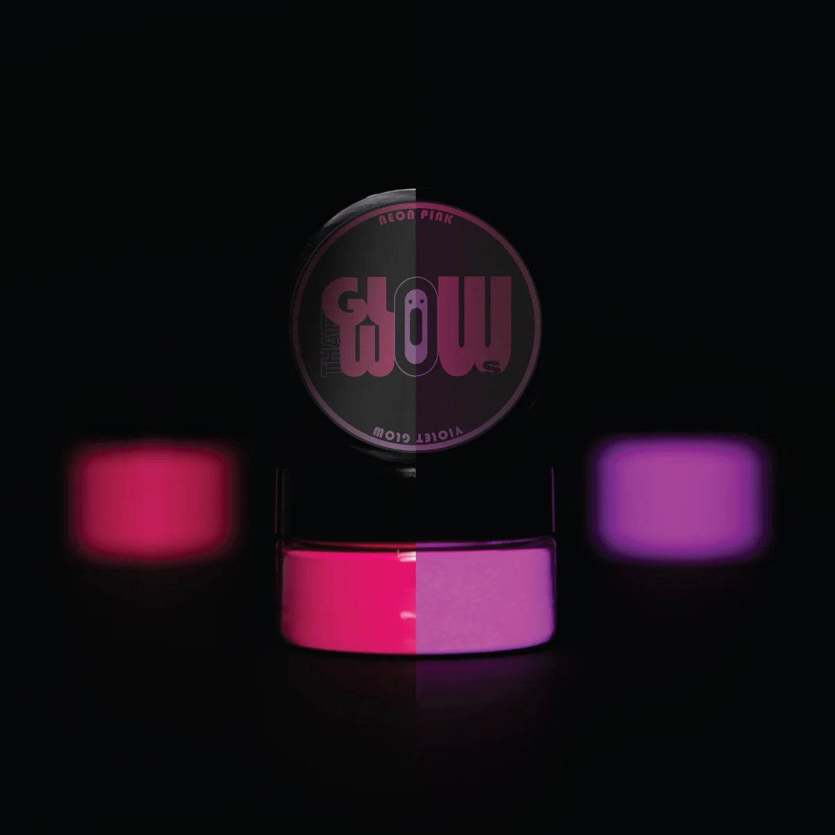 Strontium aluminate Neon Pink to Violet glow pigment powder jar alongside neon pink dots—industrial-grade, non-toxic formula delivering maximum violet afterglow for canvas, fabric, and nail art