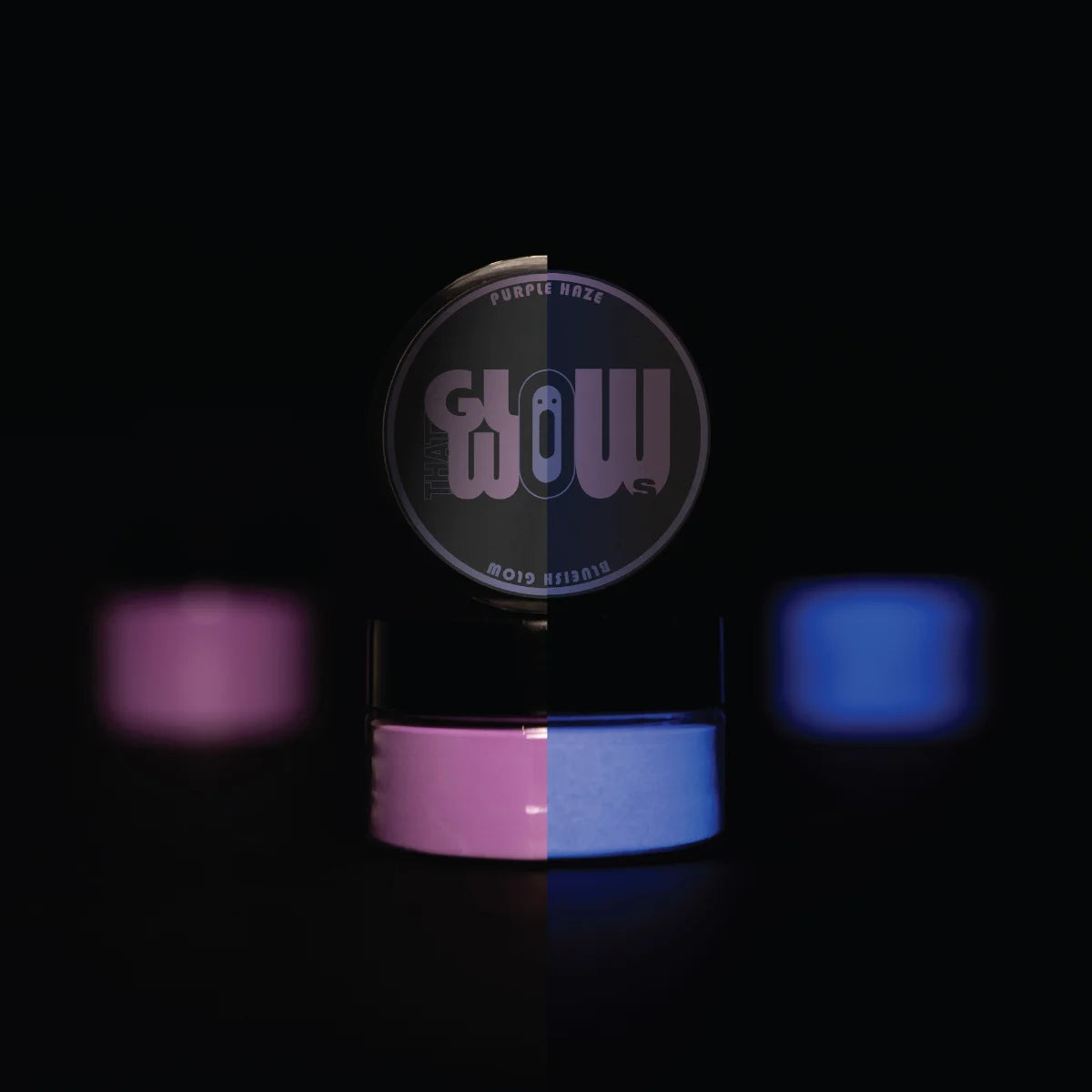 Strontium aluminate Purple-to-Blue pigment powder jar—premium, non-toxic formula engineered for ultra-bright, long-lasting blue afterglow on canvas, fabric, and epoxy surfaces