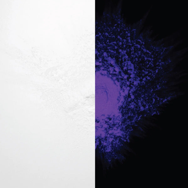 Strontium aluminate White Mystery pigment powder splash on black background, split day/night—soft white powder by day and rich purple neon glow at night for vibrant, long-lasting after-dark effects