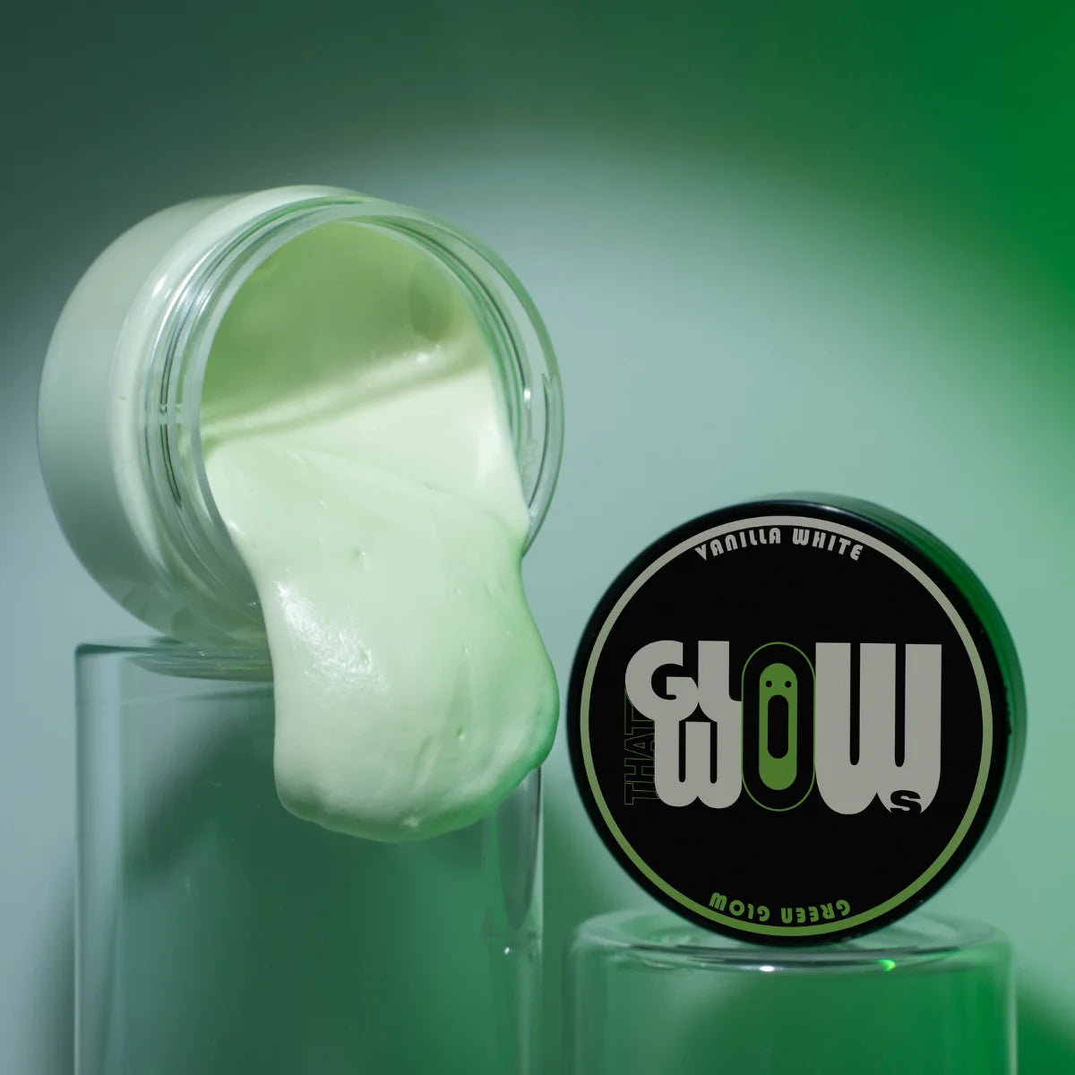 Pouring clear white-to-green glow acrylic paint—smooth, non-toxic formula perfect for resin art, clay, and outdoor mural applications with ultra-bright green after-dark glow