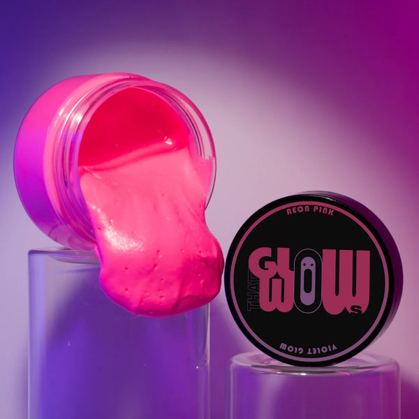 Pouring UV-reactive Pink to Violet glow in the dark acrylic paint—smooth, non-toxic acrylic ideal for epoxy resin, polymer clay, and metal art with vivid after-dark pink-violet glow.