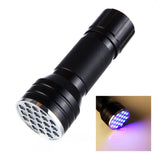 Black UV  21 led flashlight with inset showing UV light on a surface