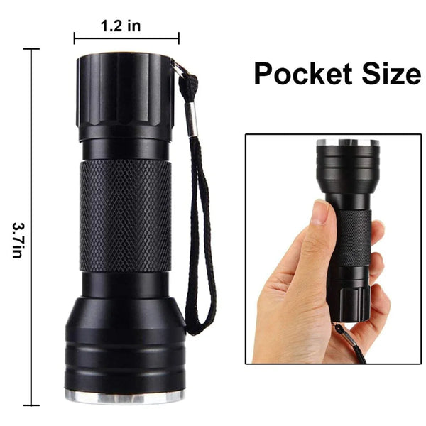 Black uv 21 led flashlight with measurements and a hand holding it inset