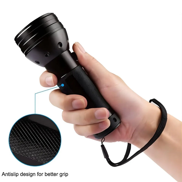 Blacklight uv flashlight held in a hand with an inset showing the antislip design.
