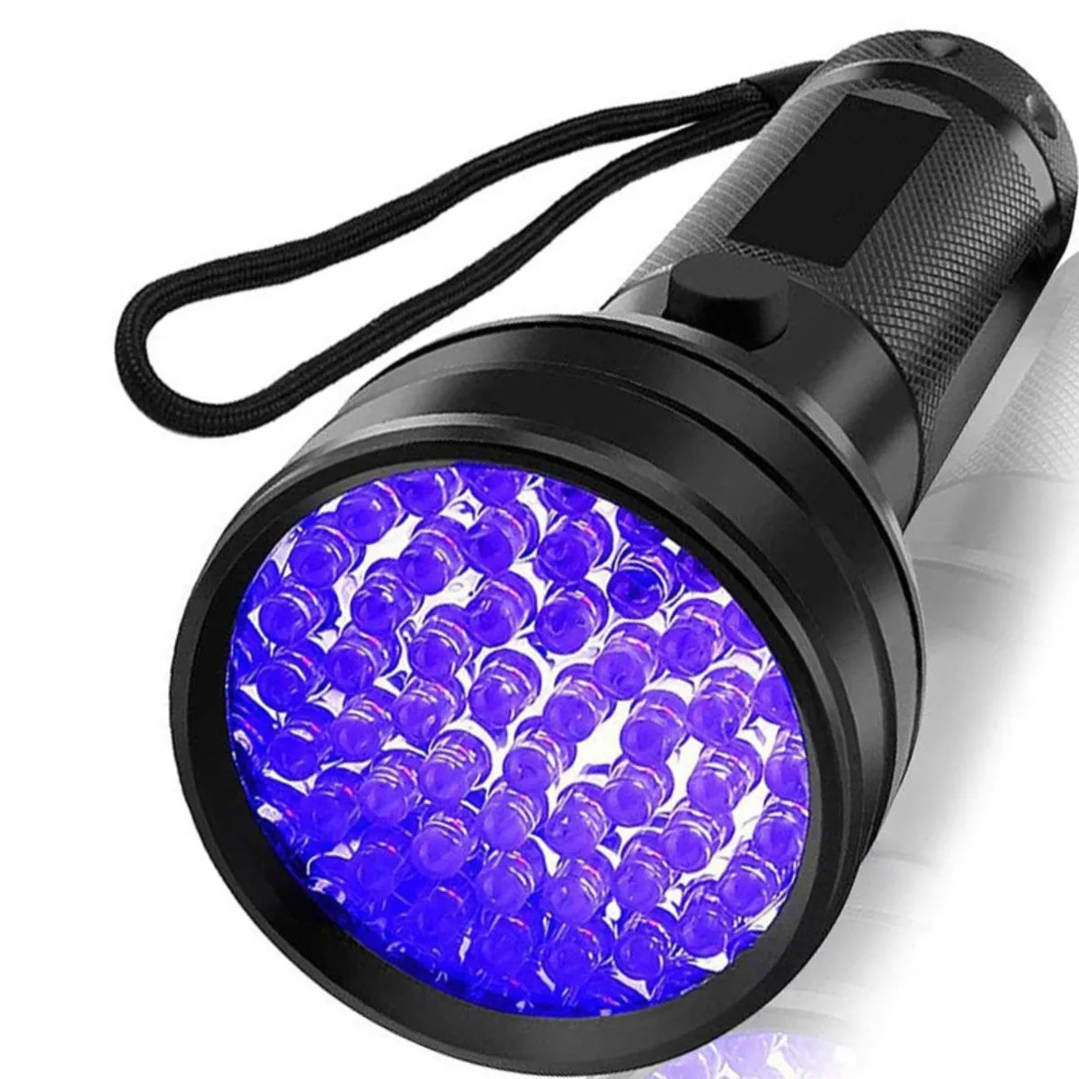 Black UV LED flashlight with blackllight on a white background