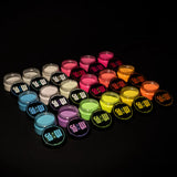 Vibrant 18-shade glow in the dark pigment powders—neon yellow, lime green, electric blue, hot pink, ultraviolet purple, and more—engineered for brightest performance in resin, clay, and nail art