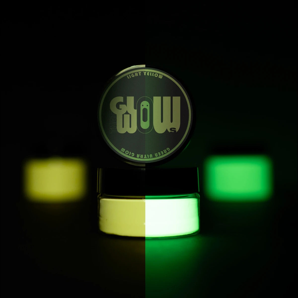 brightest glow in the dark pigment shown in both daylight and in the dark, a light yellow transition to ultra green glow