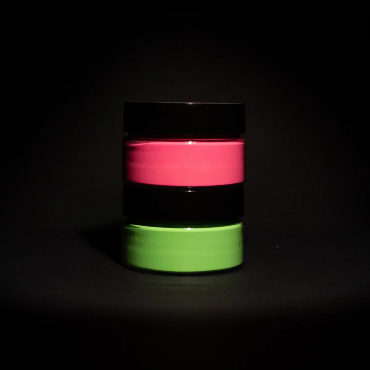 Brightest green and purple acrylic paint jars from 2-color glow-in-the-dark kit—perfect for painting rocks, clothing accents and epoxy resin pieces