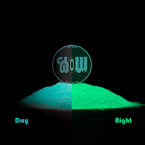 Neon phosphorescent glow in the dark Sky Blue pigment powder showing crisp sky-blue by day and intense polar-blue glow at night—industrial-grade strontium aluminate formula for high-brightness, long-lasting luminescence in resin, clay, and nail art