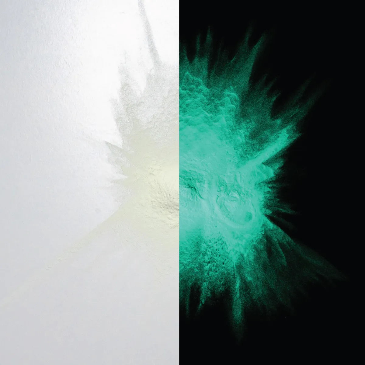 Glow-in-the-dark Clear White to Cyan pigment powder burst—fine neon cyan explosion delivering ultra-bright, durable after-dark glow for safety markings, party décor, and DIY crafts