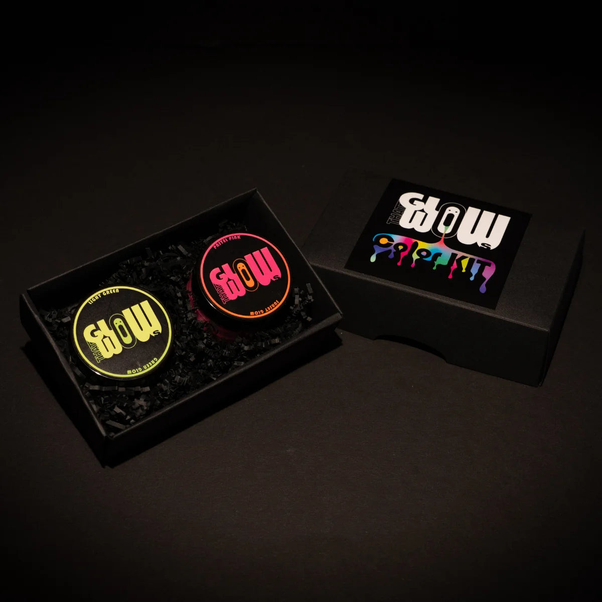 Daylight view of 2-color glow-in-the-darkacrylic paint in yellow and pink—ideal for clay modeling, wood carvings and fabric prints