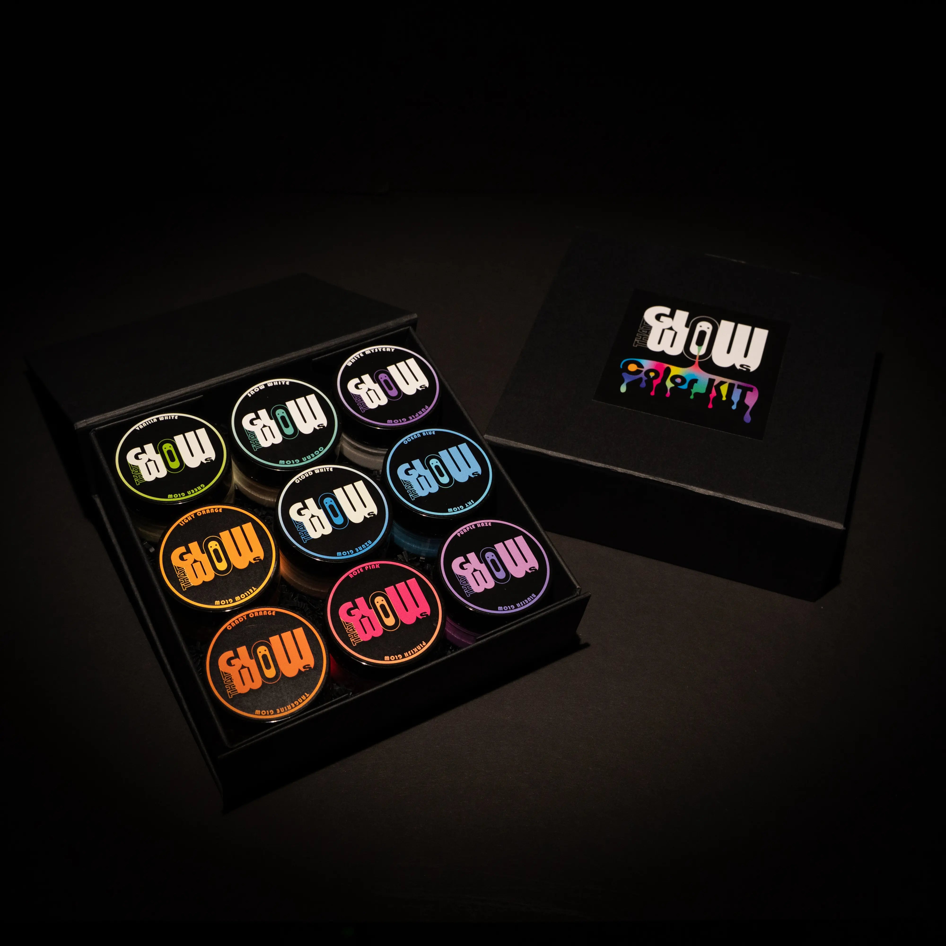 a set of 9 paints and pigments that glows in the dark
