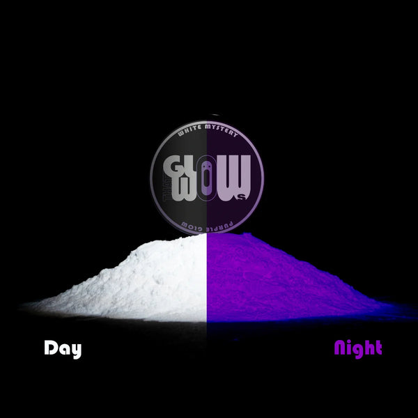 Neon phosphorescent clear White Mystery pigment powder showing crisp white by day and vivid purple glow at night—industrial-grade strontium aluminate formula for long-lasting UV-reactive luminescence in resin, clay, and mural art.