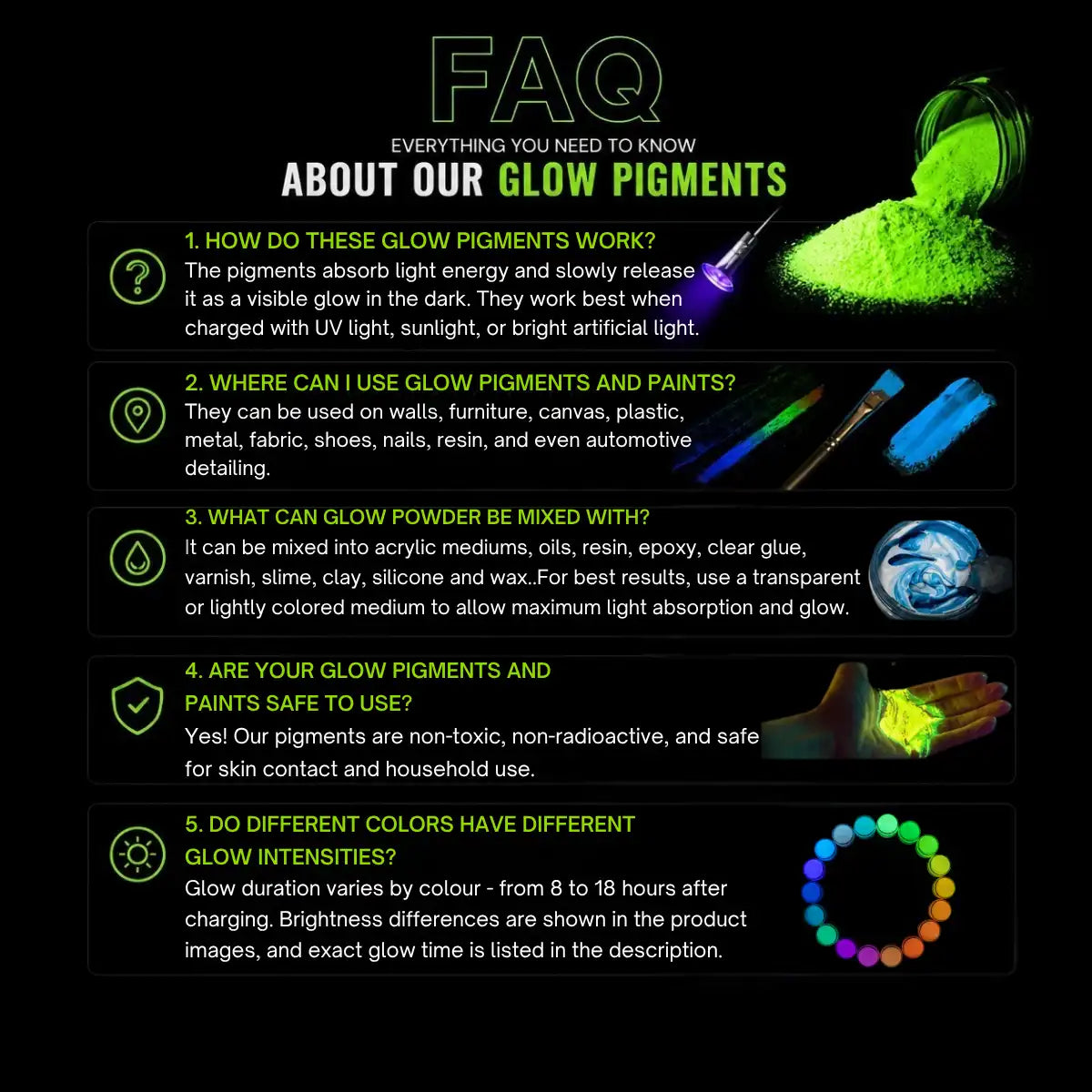 Glow In The Dark Pigment Powder Kit - 18 Colors