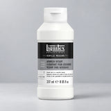A white plastic bottle of Liquitex Professional Acrylic Mediums Airbrush Medium, 237 ml (8 US fl oz), with a black and gray label, set against a neutral gray background.