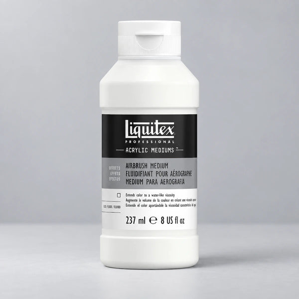 A white plastic bottle of Liquitex Professional Acrylic Mediums Airbrush Medium, 237 ml (8 US fl oz), with a black and gray label, set against a neutral gray background.
