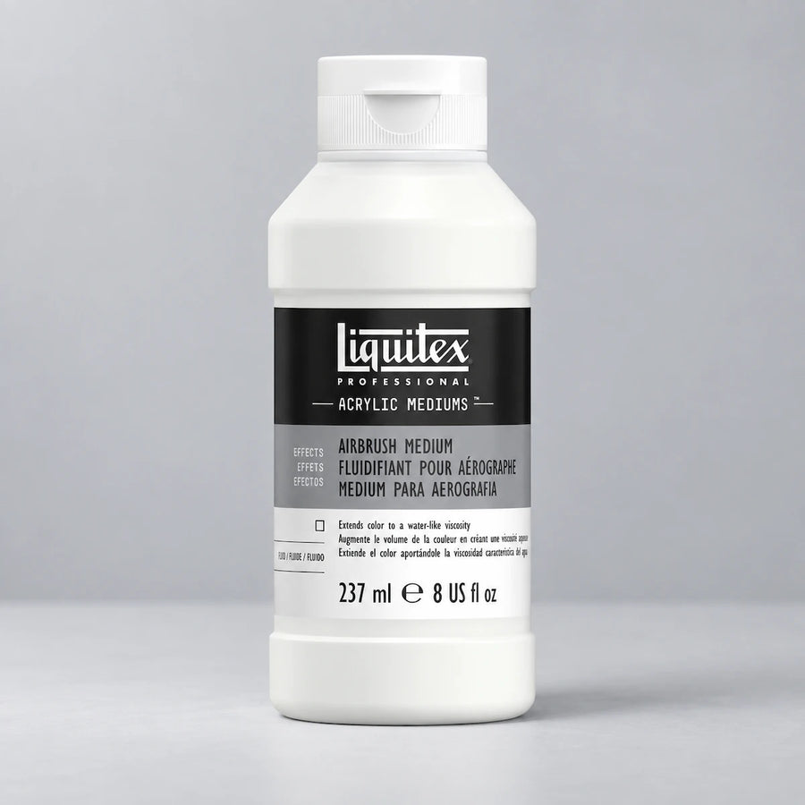 A white plastic bottle of Liquitex Professional Acrylic Mediums Airbrush Medium, 237 ml (8 US fl oz), with a black and gray label, set against a neutral gray background.