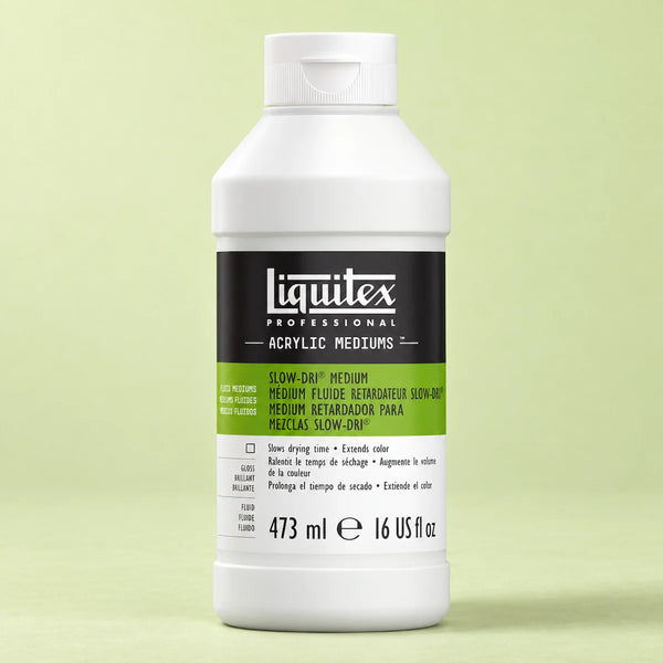 A bottle of Liquitex Professional Slow-Dry Medium acrylic paint on a light green background.
