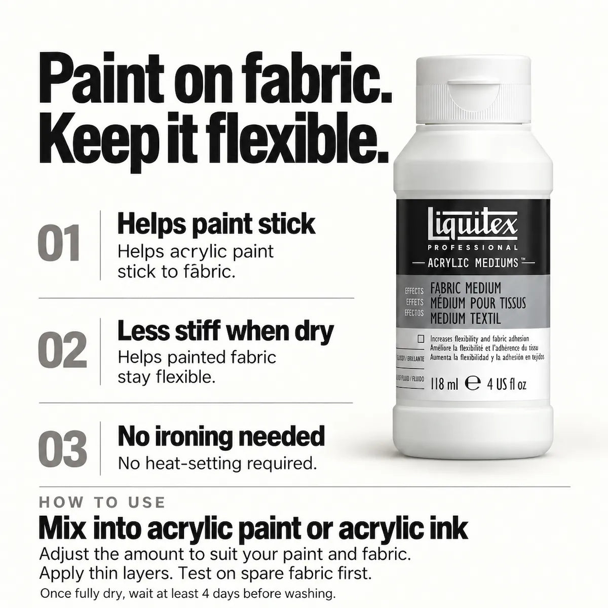 A bottle of Liquitex Professional Fabric Medium acrylic paint medium shown on a white background with marketing text explaining its benefits: helps paint stick, less stiff when dry, and no ironing needed.