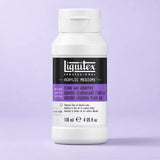 A bottle of Liquitex Professional Flow Aid Additive acrylic medium, 118 ml (4 US fl oz), on a light lavender background.