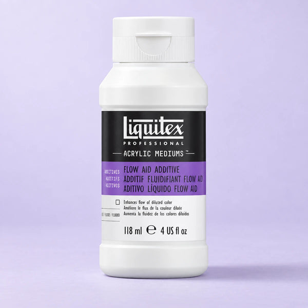 A bottle of Liquitex Professional Flow Aid Additive acrylic medium, 118 ml (4 US fl oz), on a light lavender background.