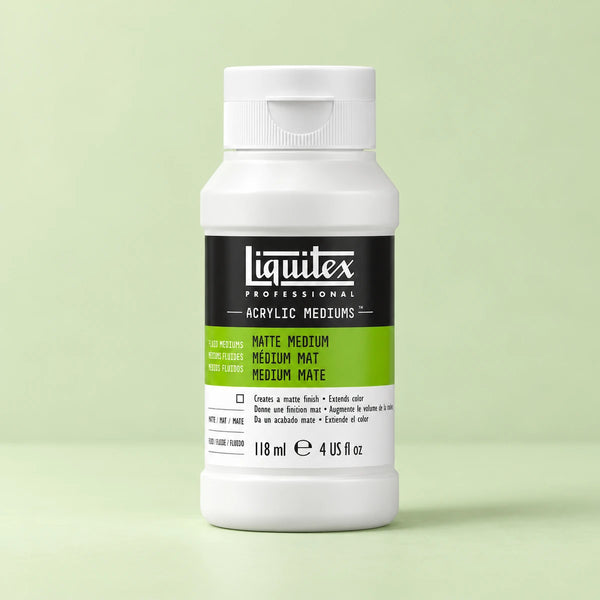 A bottle of Liquitex Professional Matte Medium Acrylic Mediums paint on a light green background.