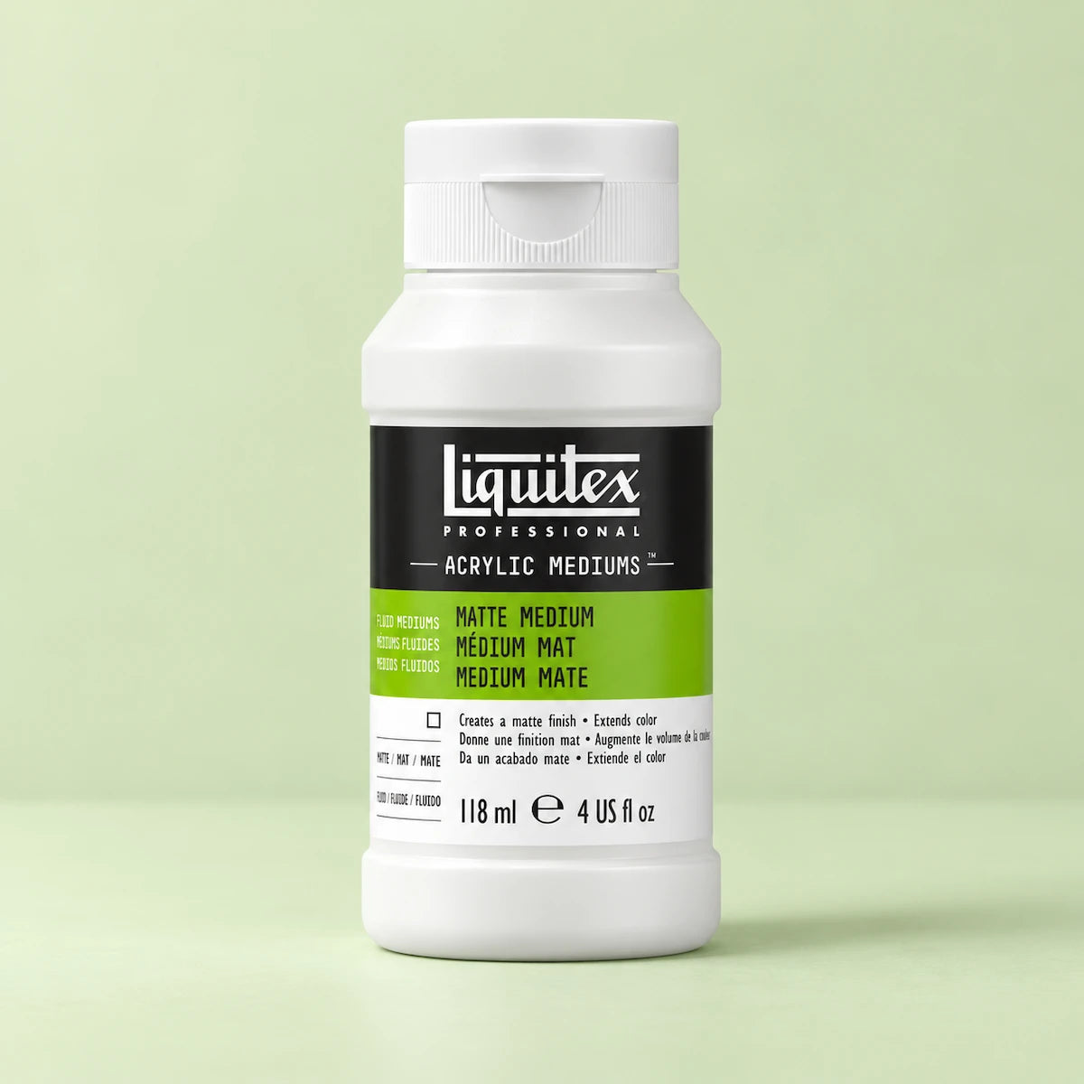 A bottle of Liquitex Professional Matte Medium Acrylic Mediums paint on a light green background.