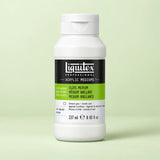 A bottle of Liquitex Professional Gloss Medium acrylic paint on a light green background.