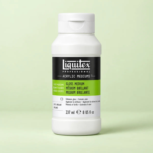 A bottle of Liquitex Professional Gloss Medium acrylic paint on a light green background.