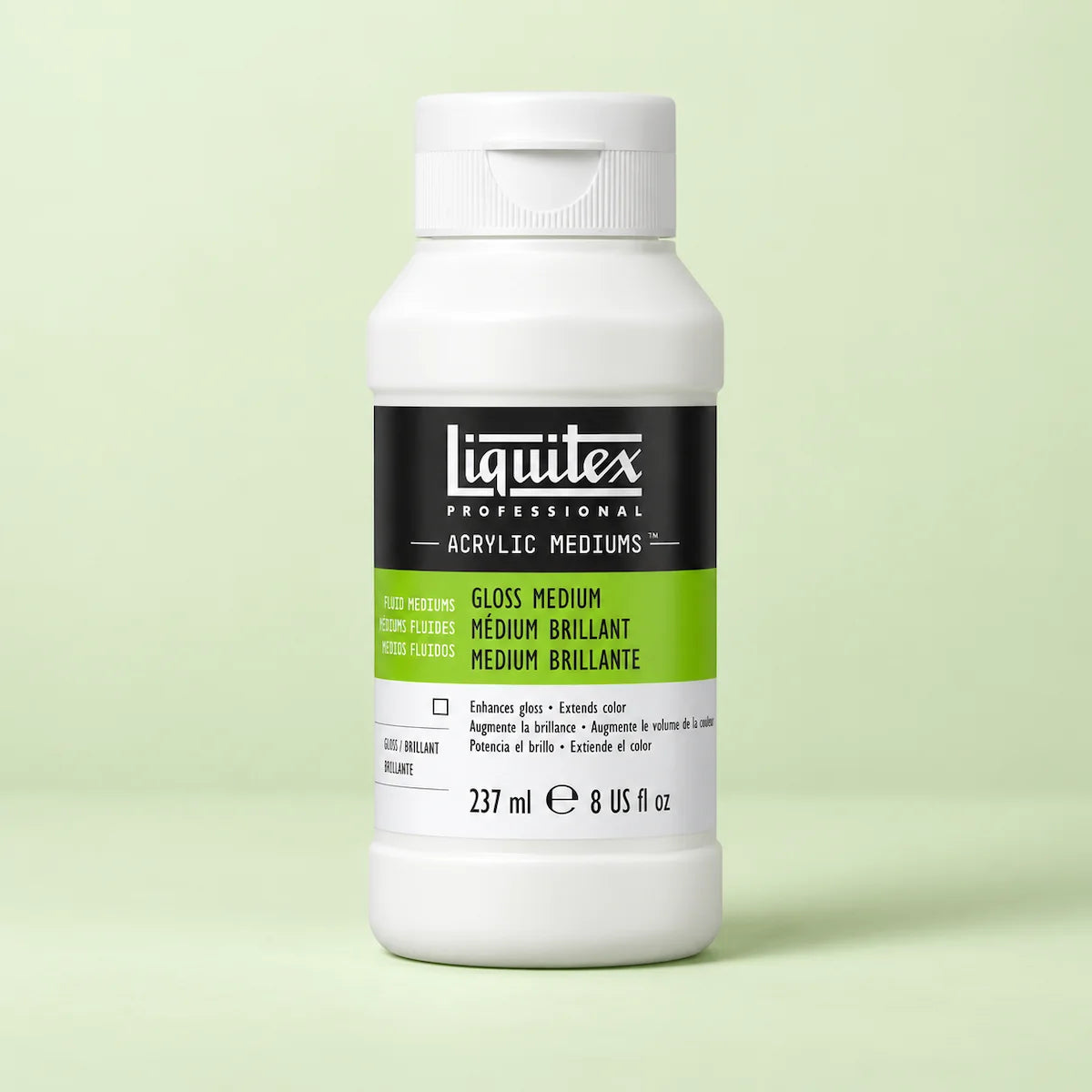 A bottle of Liquitex Professional Gloss Medium acrylic paint on a light green background.