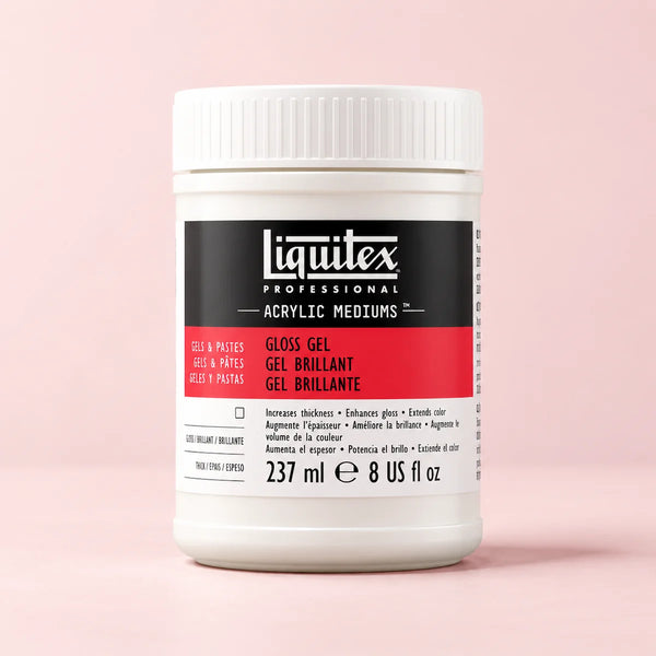 A white plastic jar of Liquitex Professional Gloss Gel Acrylic Mediums paint, set against a solid light pink background.