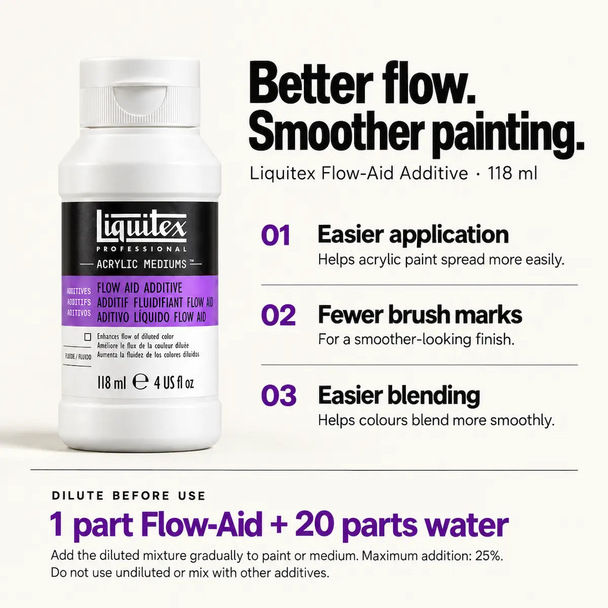 A bottle of Liquitex Flow Aid Additive acrylic medium flow accelerator shown on a light background with product information text. The white bottle has a black label with a purple accent band.