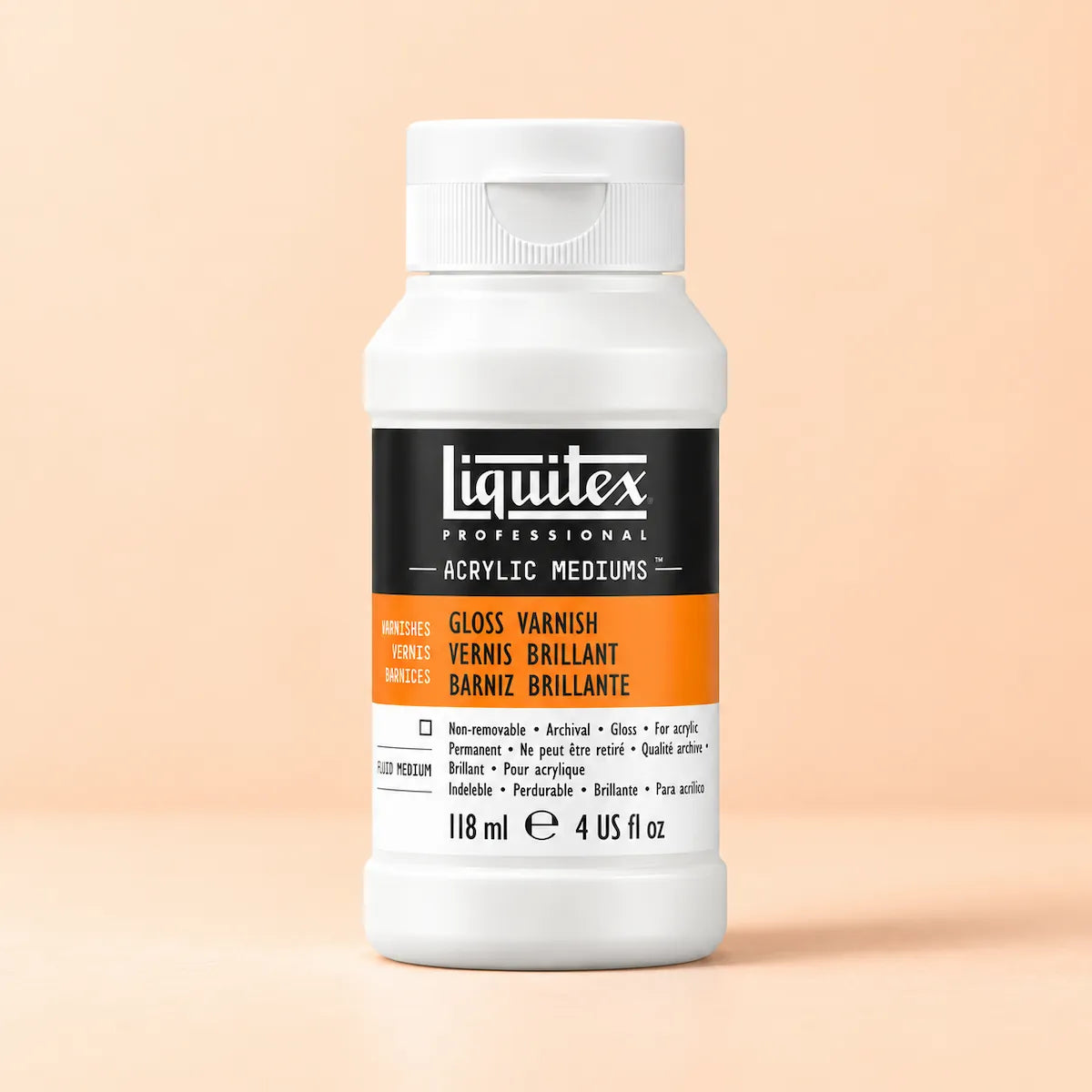 A bottle of Liquitex Professional Gloss Varnish acrylic medium, 118 ml, on a solid peach-colored background.