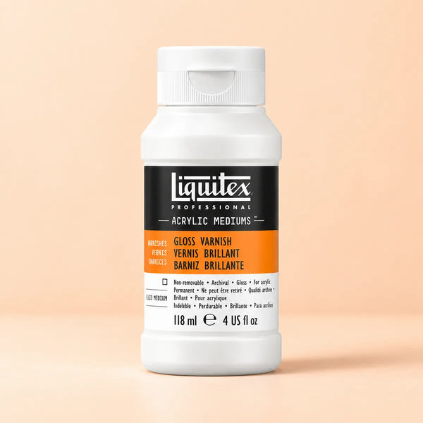 A bottle of Liquitex Professional Gloss Varnish acrylic medium, 118 ml, on a solid peach-colored background.
