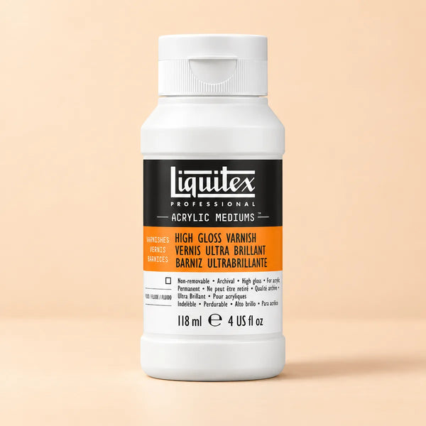 A bottle of Liquitex Professional High Gloss Varnish acrylic mediums in the color Flavour, shown on a solid peach-beige background.