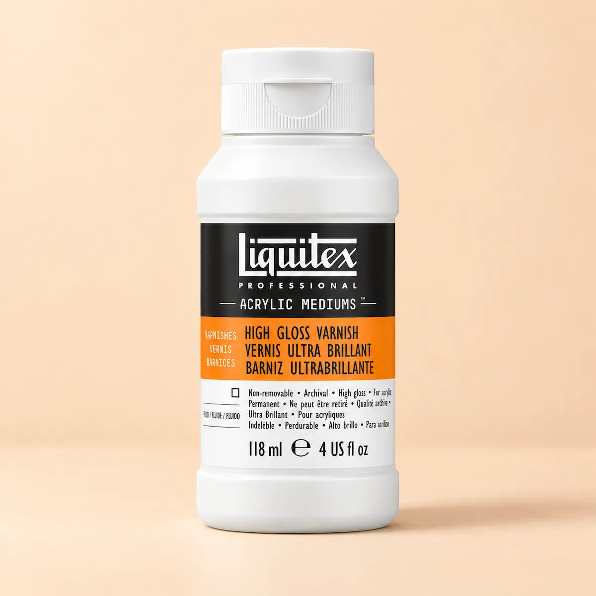 A bottle of Liquitex Professional High Gloss Varnish acrylic mediums in the color Flavour, shown on a solid peach-beige background.