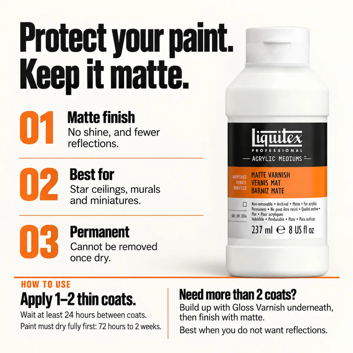 A bottle of Liquitex Professional Matte Varnish shown on a clean white background with marketing text explaining matte finish benefits and application instructions.