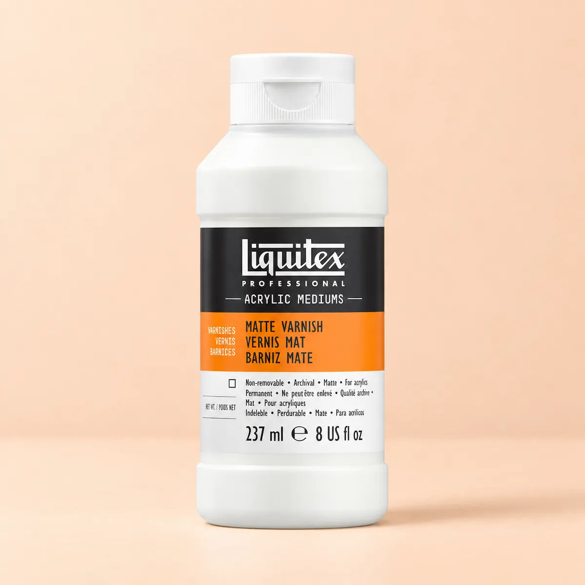 A bottle of Liquitex Professional Matte Varnish acrylic medium, shown on a solid peach-colored background. The bottle is white with a black and orange label.