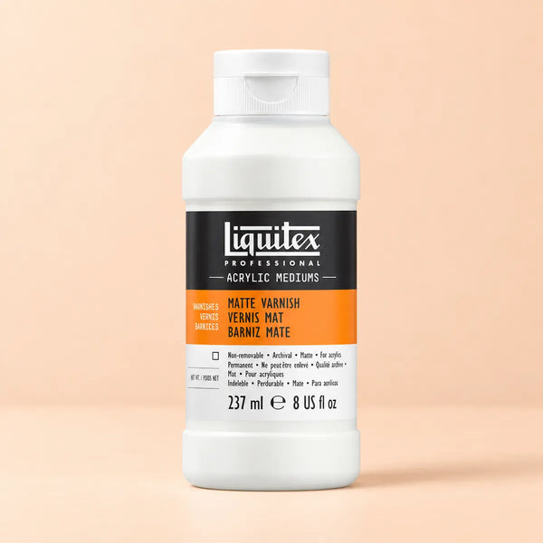 A bottle of Liquitex Professional Matte Varnish acrylic medium, shown on a solid peach-colored background. The bottle is white with a black and orange label.