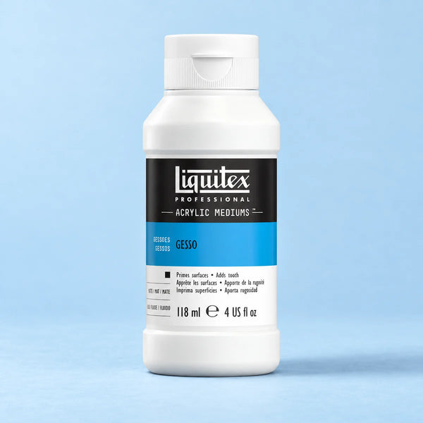 A bottle of Liquitex Professional Cesso acrylic medium in the shade 'Gesso', featuring a white plastic bottle with a black and blue label, set against a light blue background. It helps for glow in the dark paint, by being a white layer that reflects the light.