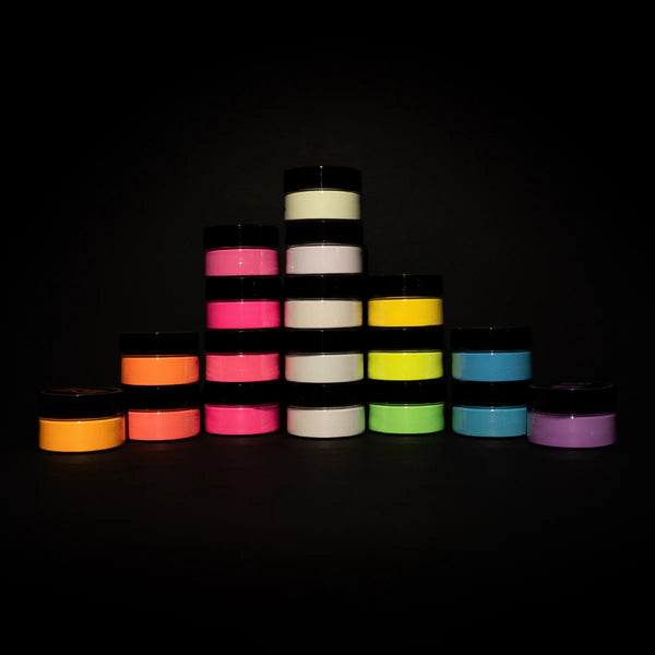 Non-toxic 18-color glow in the dark pigment powder kit for epoxy, ink, and acrylics—shop now for high-charge, fade-resistant formula ideal for professional installations and DIY crafts