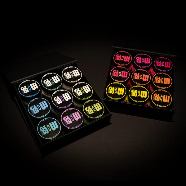 Overhead view of a {n}-color neon acrylic paint kit in sleek black tray, perfect for glow-in-the-dark crafts