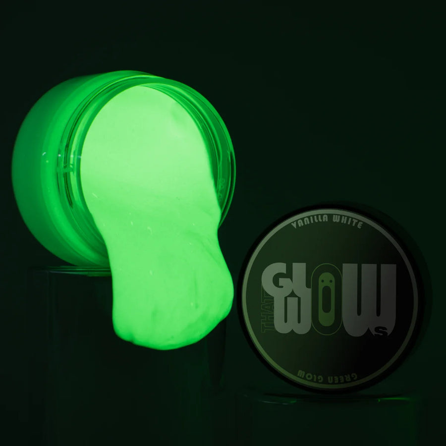 Premium clear white-to-green glow-in-the-dark acrylic paint jar—industrial-grade strontium aluminate formula for brightest, long-lasting green luminescence on canvas, metal, and wood.
