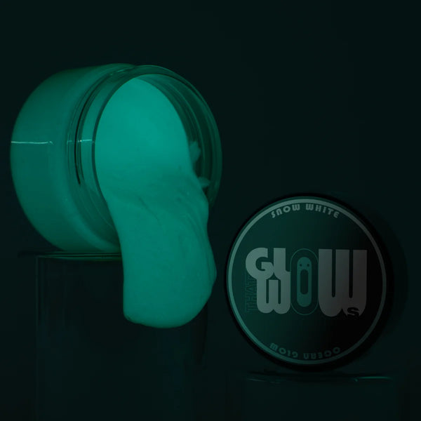 Neon phosphorescent White to Blue acrylic paint jar—industrial-grade strontium aluminate formula delivers the brightest, long-lasting ocean-blue glow for canvas, metal, and outdoor murals