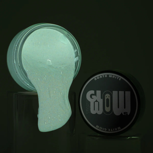 Neon phosphorescent clear-white to white glow-in-the-dark acrylic paint jar—industrial-grade strontium aluminate formula for the brightest, long-lasting luminescence on walls, clay, canvas metal, and wood.
