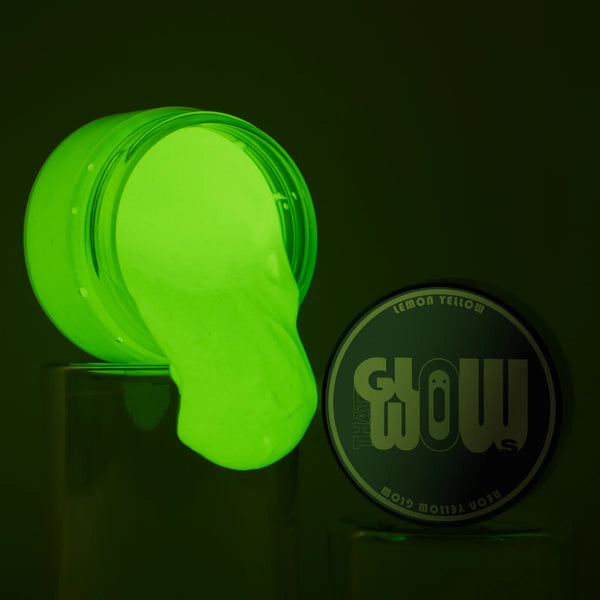 Neon phosphorescent acrylic paint in lemon yellow to neon yellow—premium strontium aluminate formula delivering the brightest, long-lasting glow for resin, canvas, and outdoor murals
