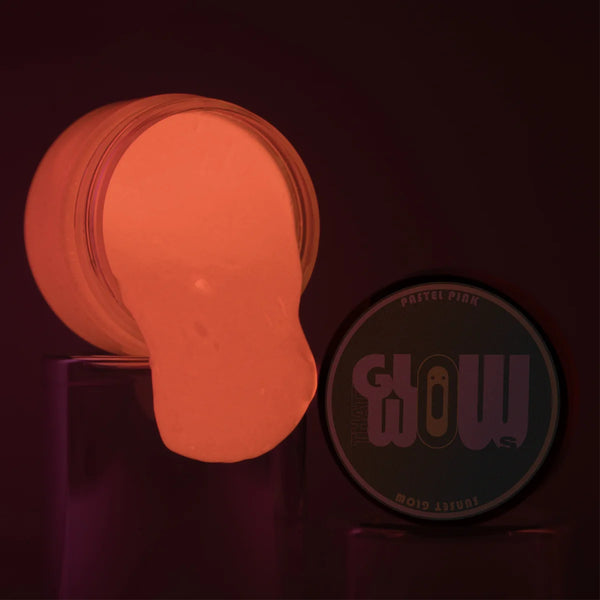 Neon phosphorescent Pastel Pink to Orange acrylic glow paint jar powered by industrial-grade strontium aluminate—delivering the brightest, long-lasting orange luminescence for resin art, canvas murals, halloween pumpkins and outdoor décor