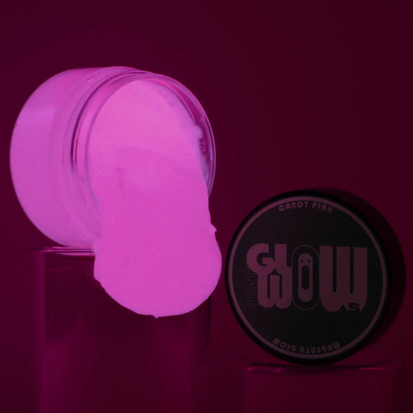 Neon phosphorescent Pink to Magenta glow-in-the-dark acrylic paint jar—industrial-grade strontium aluminate formula for the brightest, long-lasting magenta luminescence on canvas, resin, and outdoor murals