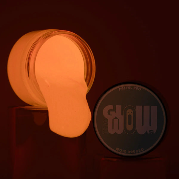 Neon phosphorescent Pastel Red to Orange acrylic glow paint powered by industrial-grade strontium aluminate—offers the brightest, long-lasting orange luminescence for outdoor murals, resin art, and safety markings