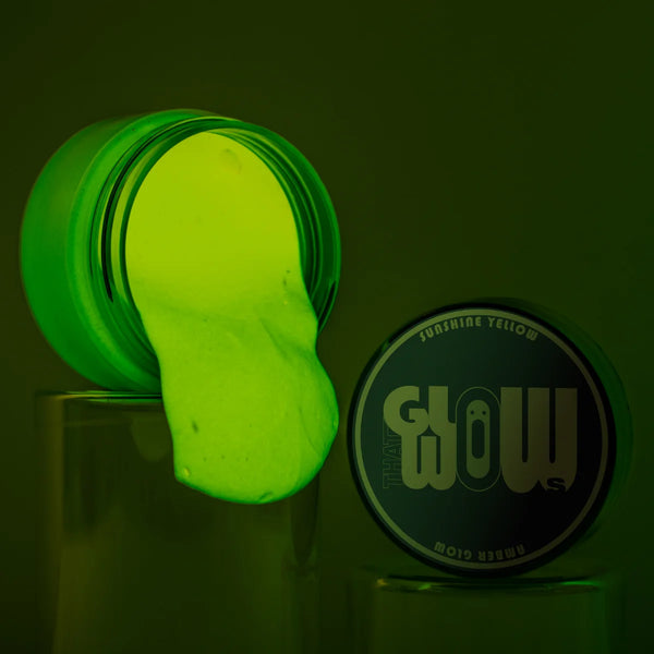 Neon phosphorescent clear-yellow to neon yellow glow-in-the-dark acrylic paint jar—industrial-grade strontium aluminate formula for the brightest, long-lasting luminescence on walls, metal, and wood